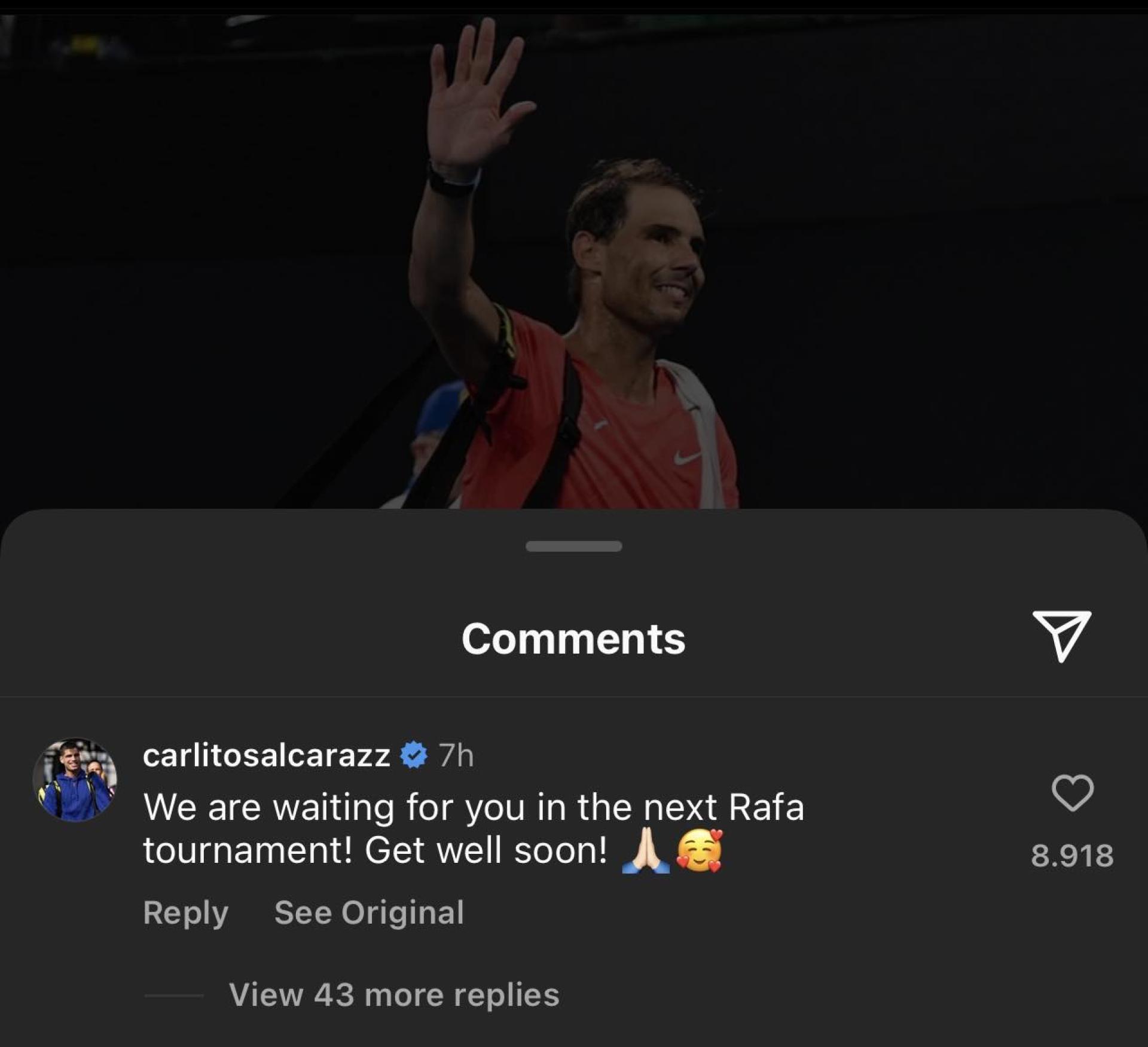 Carlos Alcaraz comments Rafael Nadals Instagram post